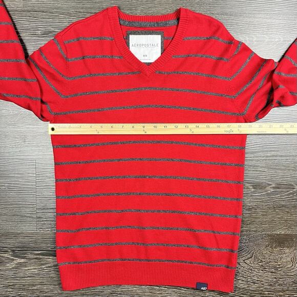 Aeropostale Y2K A87 Red Gray Striped Long Sleeve V-Neck Wool Blend Med Sweater - Picture 7 of 9